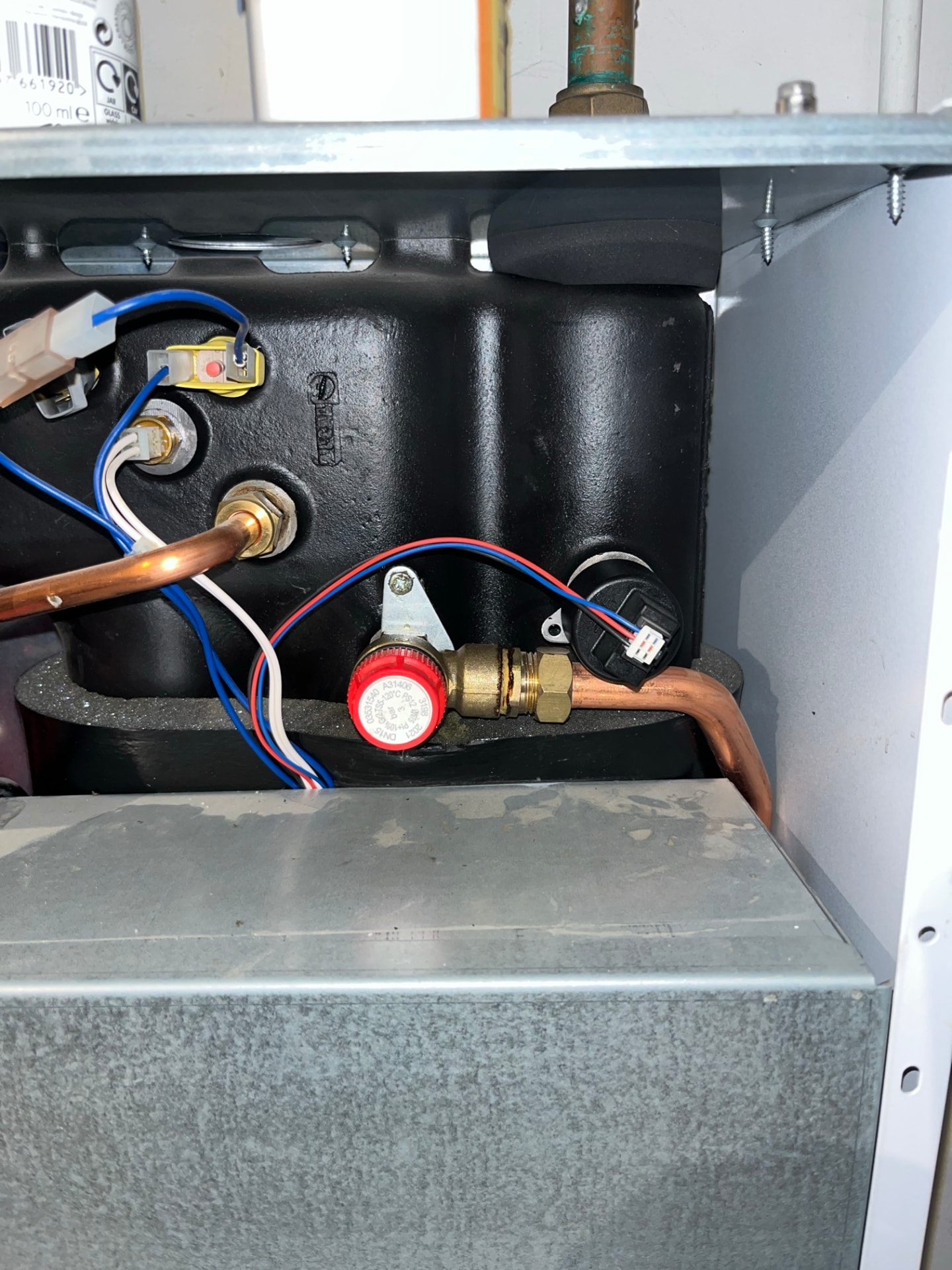 Boiler pressure relief valve and internal pipework checked during a repair