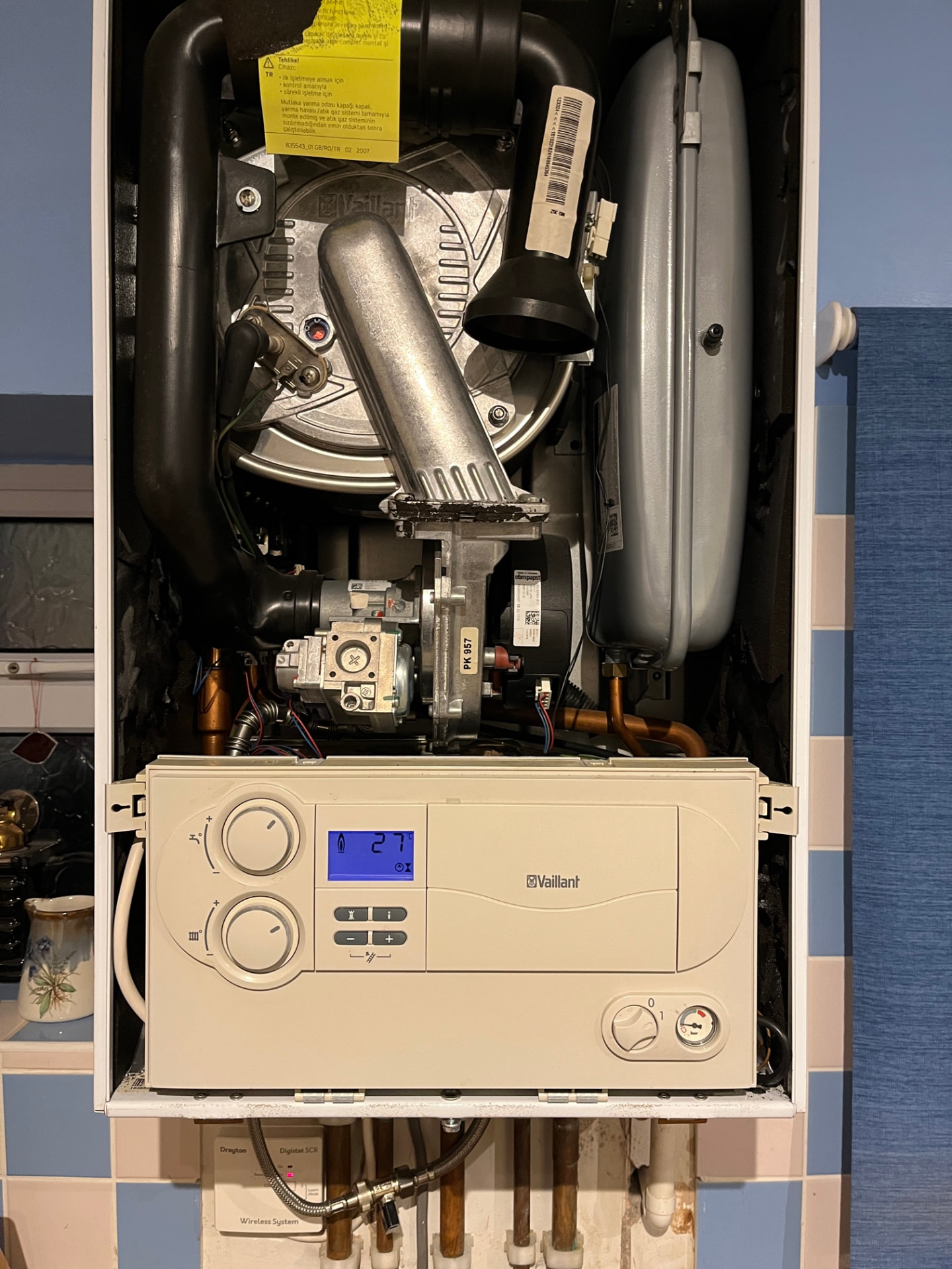 Vaillant boiler opened up for fault-finding on the fan and gas valve